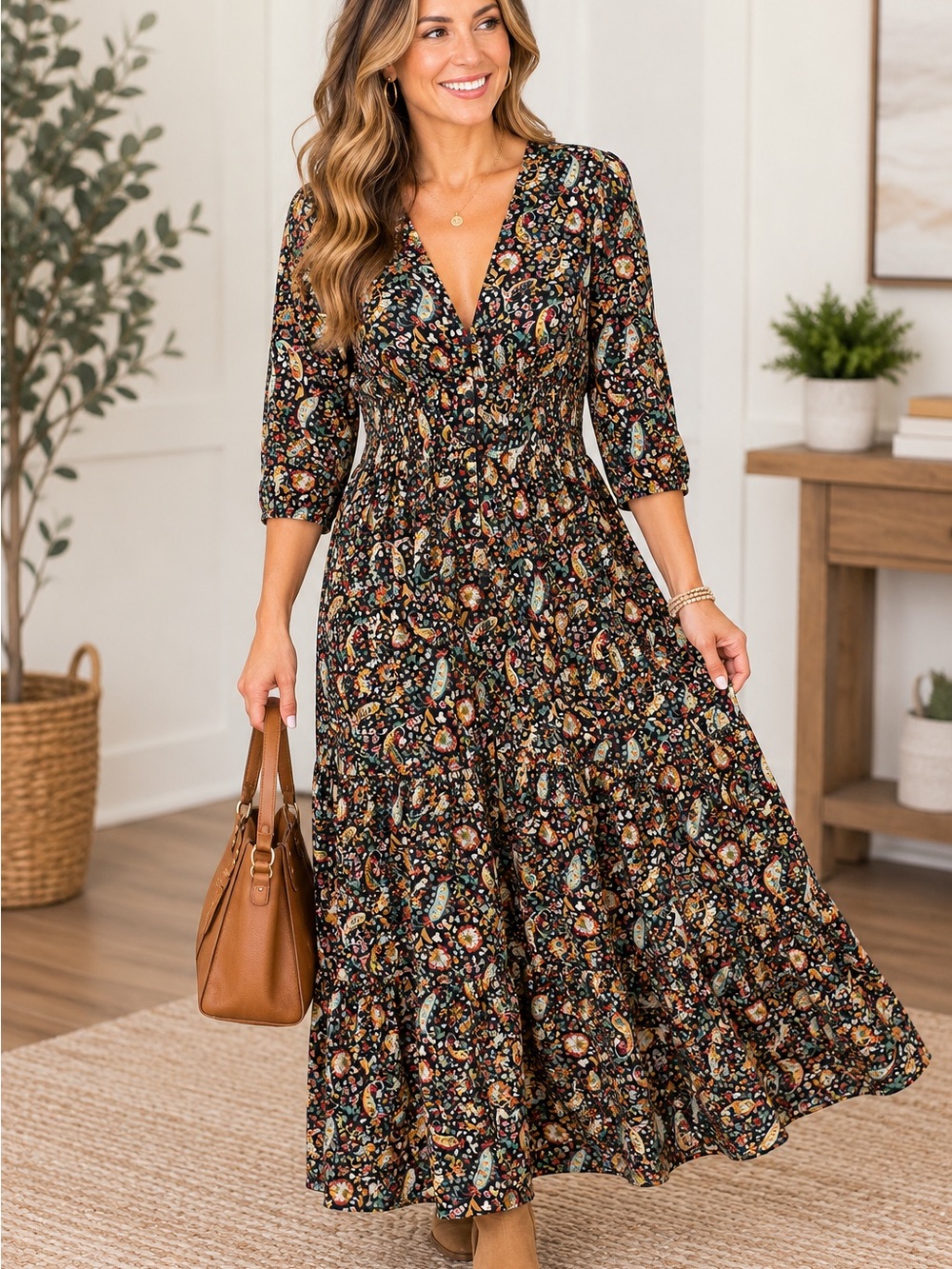 Zara Floral Paisley V-Neck Maxi Dress in Black